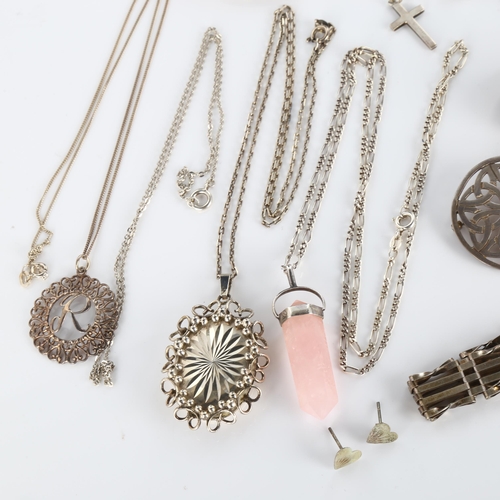 422 - Various silver jewellery, including gatelink bracelet, rose quartz crystal pendant etc