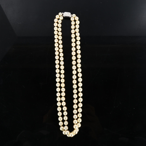 425 - A Vintage double-strand cultured pearl necklace, with 9ct white gold clasp, necklace length 40cm, 49... 