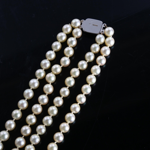 425 - A Vintage double-strand cultured pearl necklace, with 9ct white gold clasp, necklace length 40cm, 49... 