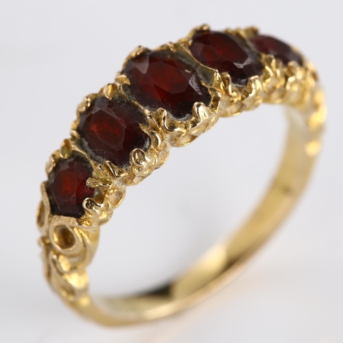 435 - A late 20th century 9ct gold graduated five stone garnet half hoop ring, hallmarks London 1971, sett... 