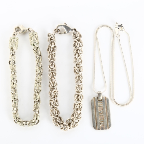 438 - Various silver jewellery, including Tiffany & Co Atlas 2004 tag pendant necklace, and 2 silver brace... 