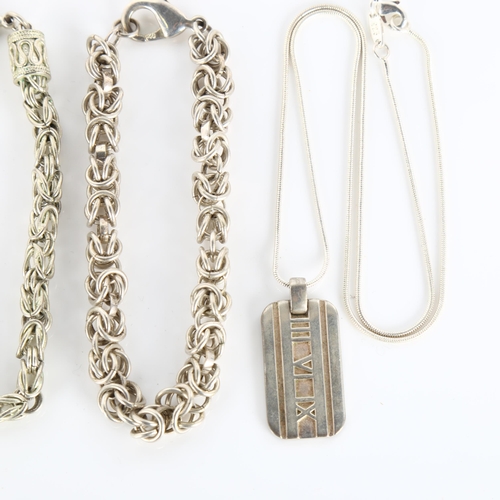 438 - Various silver jewellery, including Tiffany & Co Atlas 2004 tag pendant necklace, and 2 silver brace... 