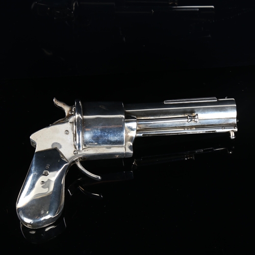 500 - A rare Victorian novelty silver revolver pistol smoker's companion, with spring-loaded cigar cutter ... 