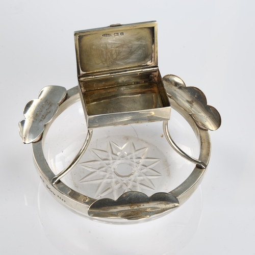 505 - An Edwardian silver-mounted glass combination ashtray/matchbox, circular form with star base, cigare... 