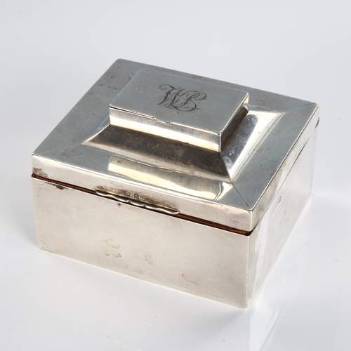 507 - An Art Deco George V silver combination cigarette box/Vesta case, rectangular form with matchbox lid... 