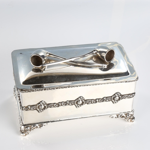 508 - An American silver plate combination pipe/tobacco box, rectangular form with pipe surmounted lid, fo... 