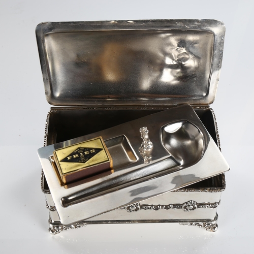 508 - An American silver plate combination pipe/tobacco box, rectangular form with pipe surmounted lid, fo... 