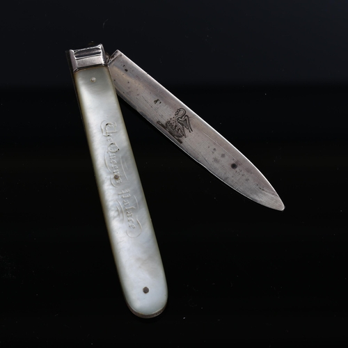 516 - ROYAL INTEREST - a Victorian silver and mother-of-pearl fruit knife, the handle engraved 