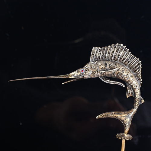 530 - A Portuguese silver-gilt filigree marlin fish ornament, with stone set enamel eyes and screw-thread ... 