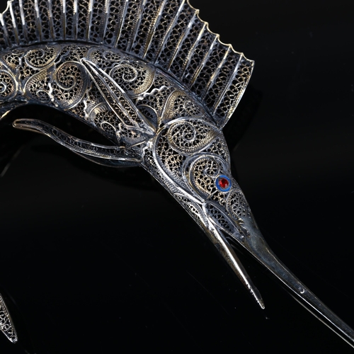 530 - A Portuguese silver-gilt filigree marlin fish ornament, with stone set enamel eyes and screw-thread ... 