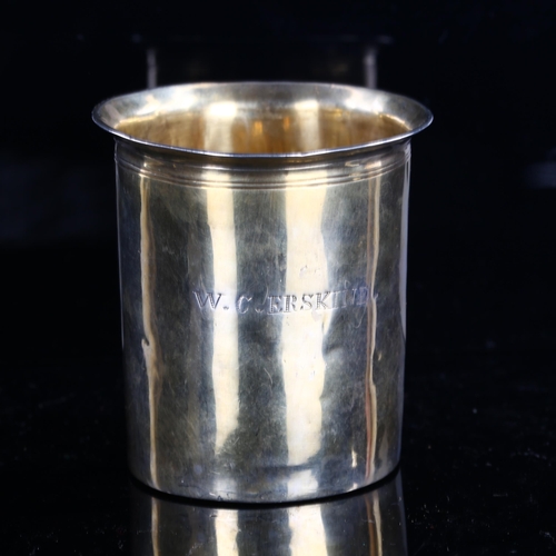 560 - An 18th century Scottish/Irish Provincial silver-gilt beaker, plain cylindrical form with flared rim... 