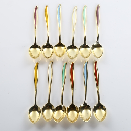 590 - ABSA - a set of 12 Danish vermeil sterling silver and harlequin enamel coffee spoons, length 9cm