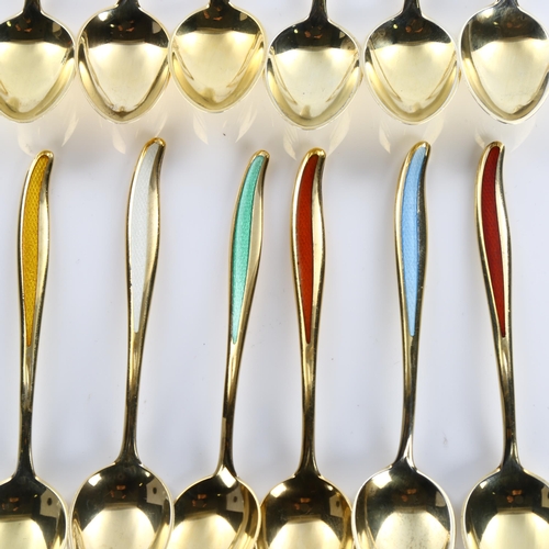 590 - ABSA - a set of 12 Danish vermeil sterling silver and harlequin enamel coffee spoons, length 9cm