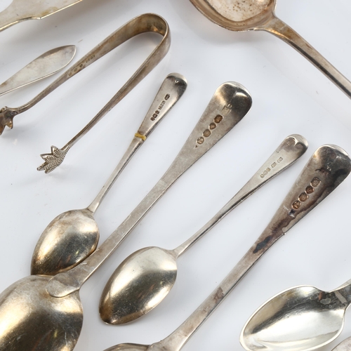 592 - Various silver flatware, including German tablespoon, English teaspoons etc, 18.2oz total