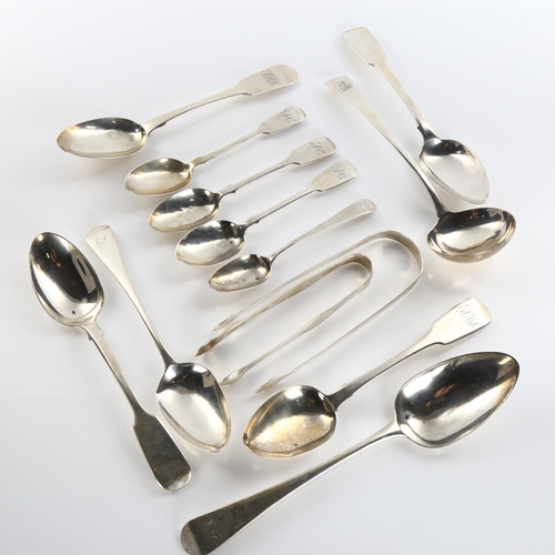 593 - Various silver flatware, including George III sugar tongs, sauce ladle etc, 13.4oz total