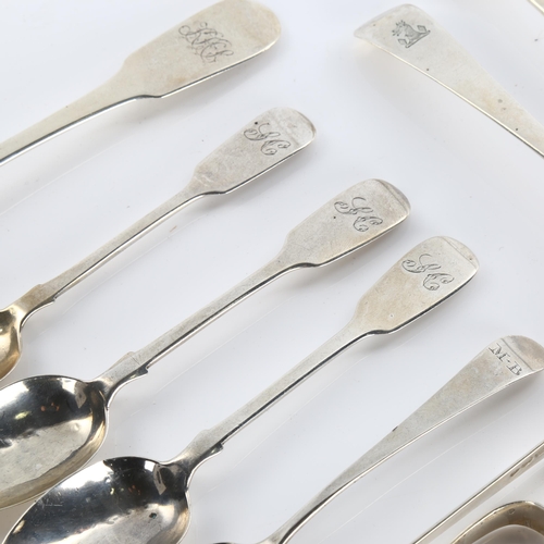 593 - Various silver flatware, including George III sugar tongs, sauce ladle etc, 13.4oz total