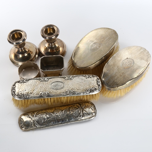 595 - Various silver, including salt, pair of candlesticks, napkin ring etc