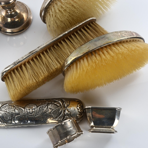 595 - Various silver, including salt, pair of candlesticks, napkin ring etc