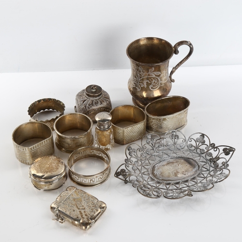 596 - Various silver, including Victorian christening mug, napkin rings, Indian dish etc, 9.3oz weighable