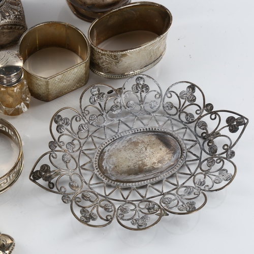 596 - Various silver, including Victorian christening mug, napkin rings, Indian dish etc, 9.3oz weighable