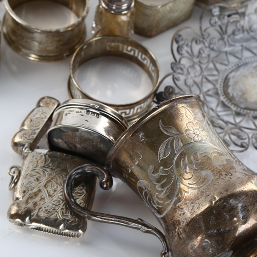 596 - Various silver, including Victorian christening mug, napkin rings, Indian dish etc, 9.3oz weighable