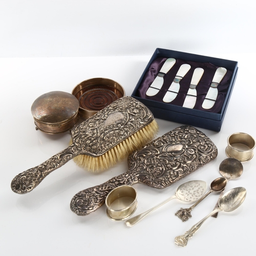 597 - Various silver, including Elizabeth II oak coaster, mother-of-pearl caviar knives, dressing table je... 