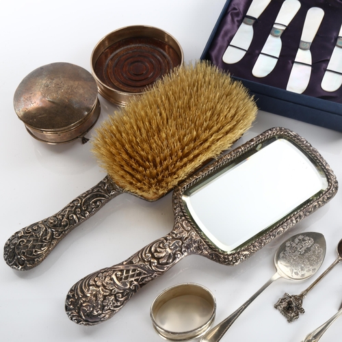 597 - Various silver, including Elizabeth II oak coaster, mother-of-pearl caviar knives, dressing table je... 