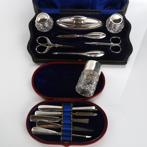 598 - Various silver, including leather-cased manicure set, silver-topped toilet jar etc