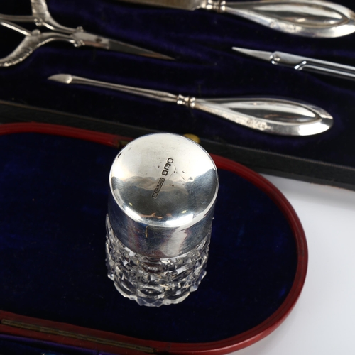 598 - Various silver, including leather-cased manicure set, silver-topped toilet jar etc