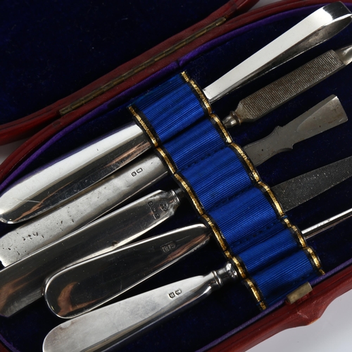 598 - Various silver, including leather-cased manicure set, silver-topped toilet jar etc