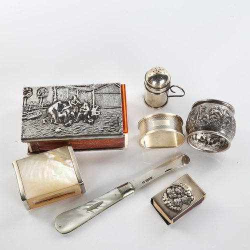 600 - Various silver and silver plate, including large Dutch plated matchbox holder, mother-of-pearl butte... 