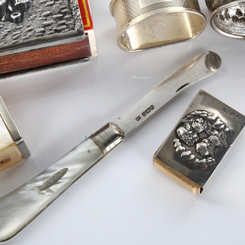 600 - Various silver and silver plate, including large Dutch plated matchbox holder, mother-of-pearl butte... 