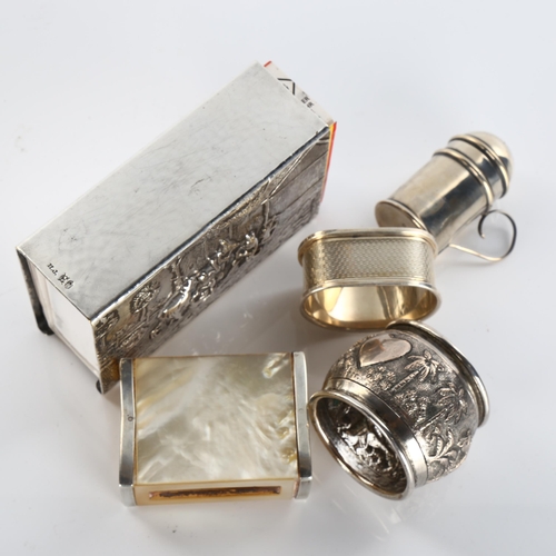 600 - Various silver and silver plate, including large Dutch plated matchbox holder, mother-of-pearl butte... 