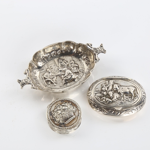 603 - Various Continental silver, including miniature pin dish, pillbox etc (3)