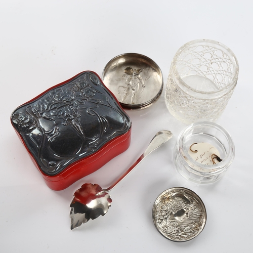 604 - Various silver, including Art Nouveau style jewel box, dressing table toilet jar etc