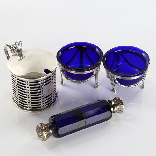 605 - Various silver, including drum mustard pot, pair of Adams style salts, and double-ended scent bottle