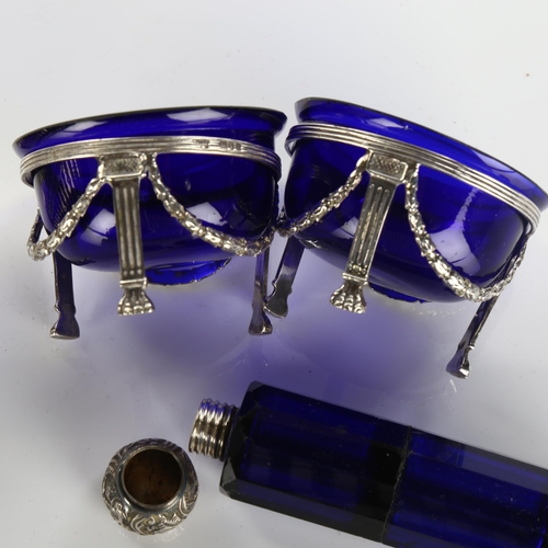 605 - Various silver, including drum mustard pot, pair of Adams style salts, and double-ended scent bottle