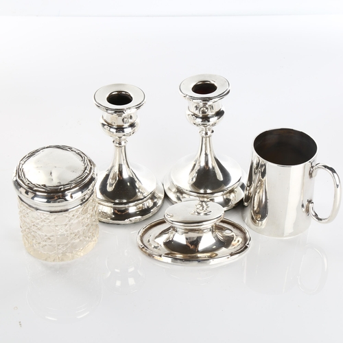 606 - Various silver, including christening mug, inkwell, pair of candlesticks etc