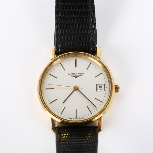 67 - LONGINES - a gold plated stainless steel mechanical wristwatch, circa 1985, silvered dial with gilt ... 