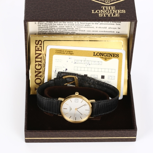 67 - LONGINES - a gold plated stainless steel mechanical wristwatch, circa 1985, silvered dial with gilt ... 