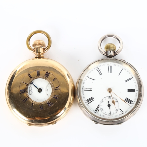 72 - 2 pocket watches, comprising Lancashire Watch Co Ltd gold plated half hunter, and Swiss silver open-... 