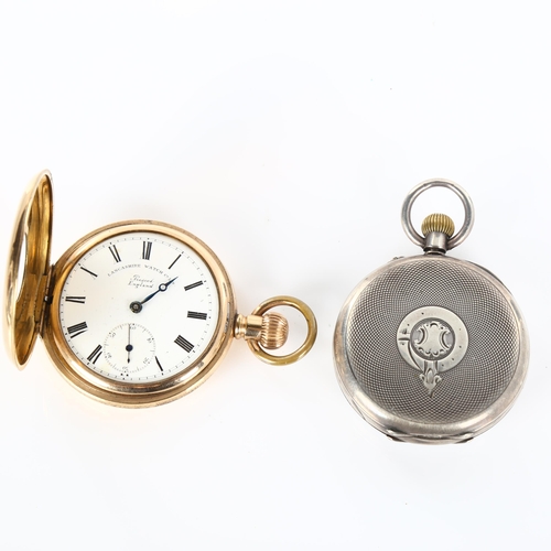 72 - 2 pocket watches, comprising Lancashire Watch Co Ltd gold plated half hunter, and Swiss silver open-... 