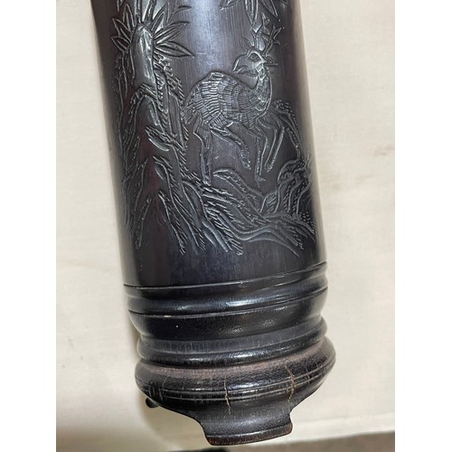 1128 - A Chinese lacquer drum-shaped food container, height 40cm, and 4 other carved wood items