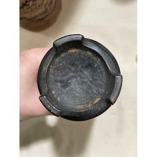 1128 - A Chinese lacquer drum-shaped food container, height 40cm, and 4 other carved wood items