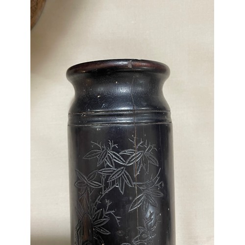 1128 - A Chinese lacquer drum-shaped food container, height 40cm, and 4 other carved wood items