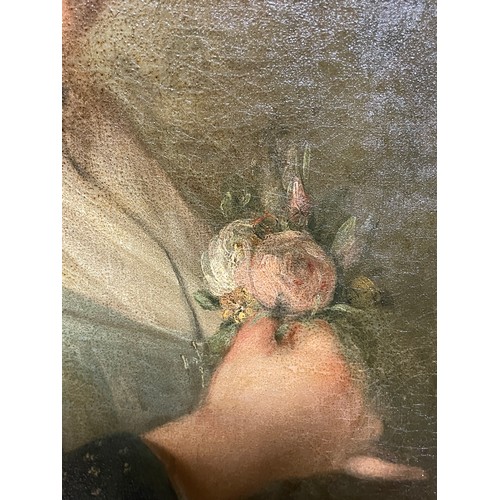 2049 - 18th century French School, oil on canvas, portrait of a young girl with a flower basket, unsigned w... 