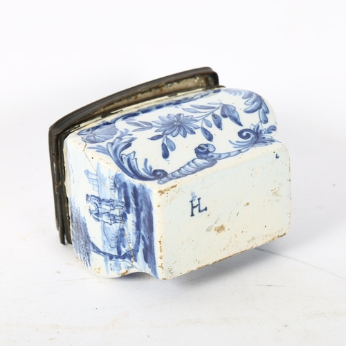 124 - 18th century Delft pottery box, with pewter mount, length 7cm, height 6cm, A/F