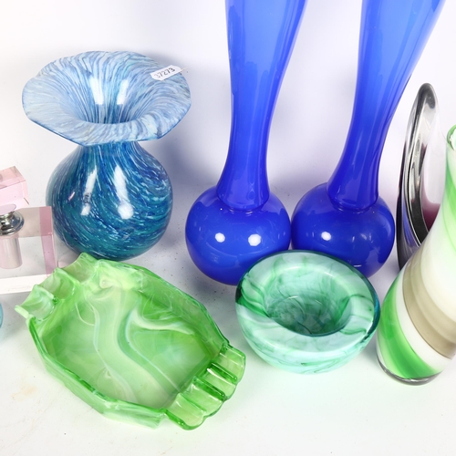 334 - Scent bottle, a pair of blue glass vases, 30cm, and other Art glass items