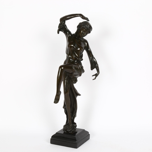10 - An Art Nouveau style patinated bronze figural sculpture, dancing girl, unsigned, on black marble bas... 