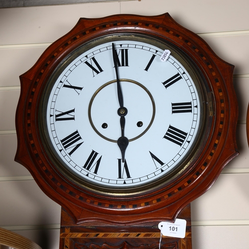 101 - An Antique walnut and marquetry inlaid 8-day drop dial wall clock, white painted dial with Roman num... 